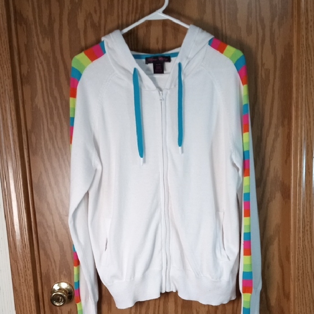 Elena Wang, White Hoodie with Rainbow Stripes, Beachy, Summer, Camping, Comfort